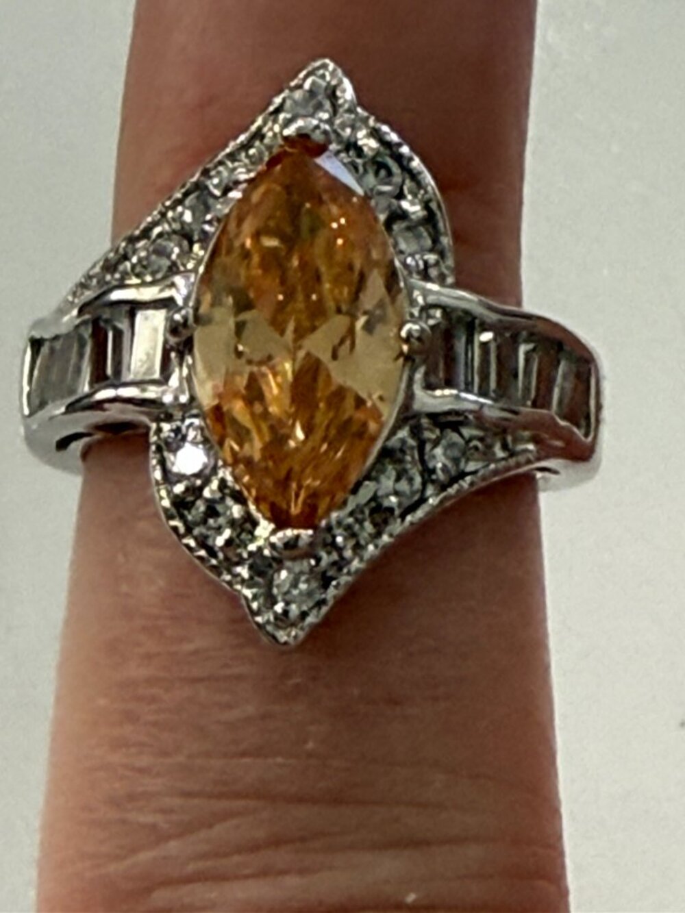 Citrine Marquise Orange Silvertone Fashion Ring Size 6